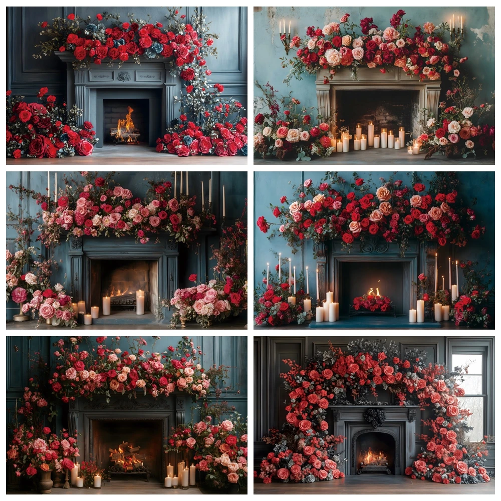 

Retro Europe Wall Fireplace Backdrops Photography Red Rose Flowers Floral February 14th Valentine's Day Wedding Party Background