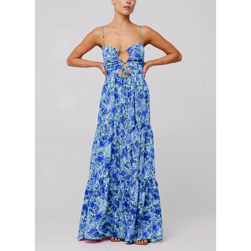 Combhasaki Damen-Sommer-Strandmode, ärmellos, Spaghettiträger, Kreuzbindung vorne, Loch, Blumendruck, Ausschnitt, A-Linie, Slip, langes Kleid