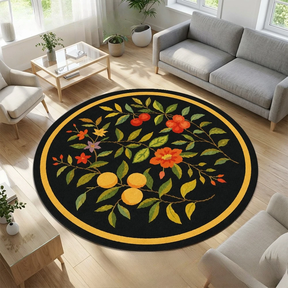 Dark Background Vintage Peony Floral Round Rug  Oil Painting Rose Circular Mat Non Slip Floor Rug Bedroom Vanity Decor