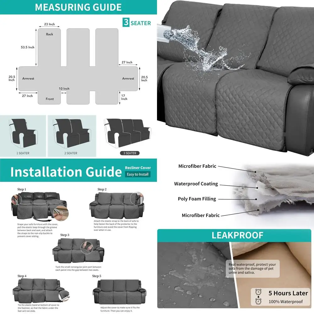 

Reversible 3-Seat Recliner Sofa Cover with Pocket, Waterproof and Elastic Straps, Dog-Friendly Protector (Gray/Light Gray)