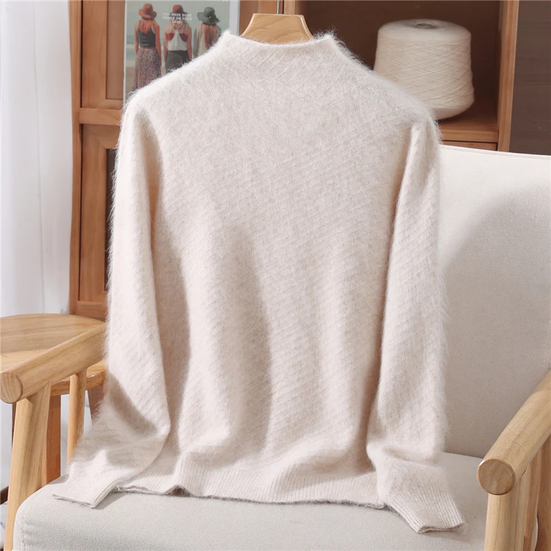 

Mink Cashmere Women Sweater Mock Neck Pullover Autumn Winter Basic Soft Warm Clothing 100% Mink Cashmere Knitwear Tops