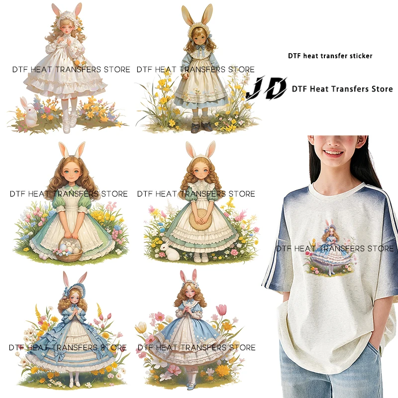 Victoria girl with rabbit ears on her head Iron On Patch Heat Transfer On Children's clothing dtf transfers ready to press