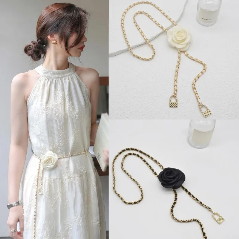 Fashion Camellia Flower Pearl Chain Belt for Women, Elegant Waist Accessory for Dresses, Adjustable Size, Black White Color