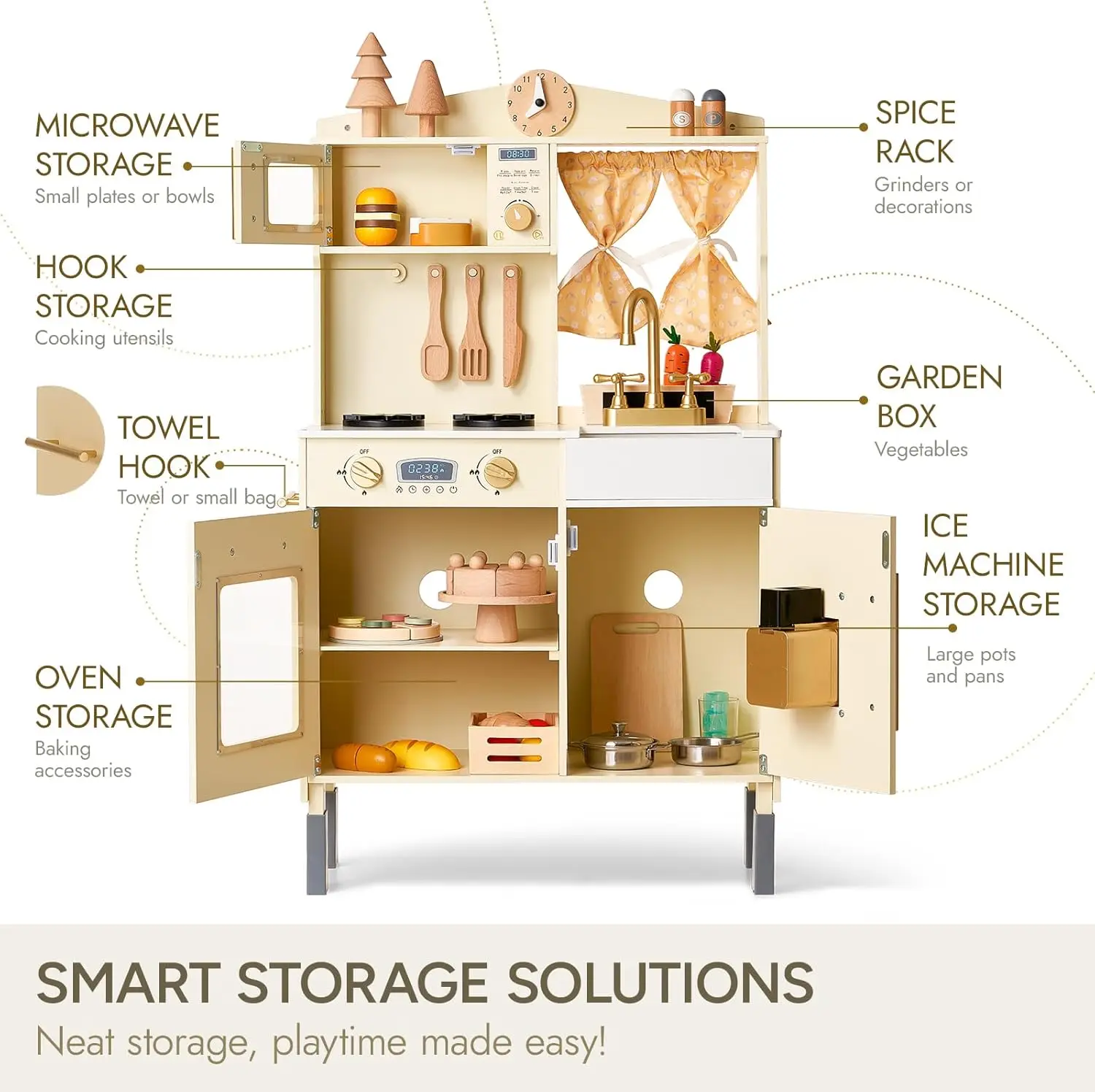 Ensemble de jeu en bois pour tout-petit, cuisine, micro-ondes, machine à glaçons, four, ustensiles de cuisine, accessoires, jeu de simulation, évier