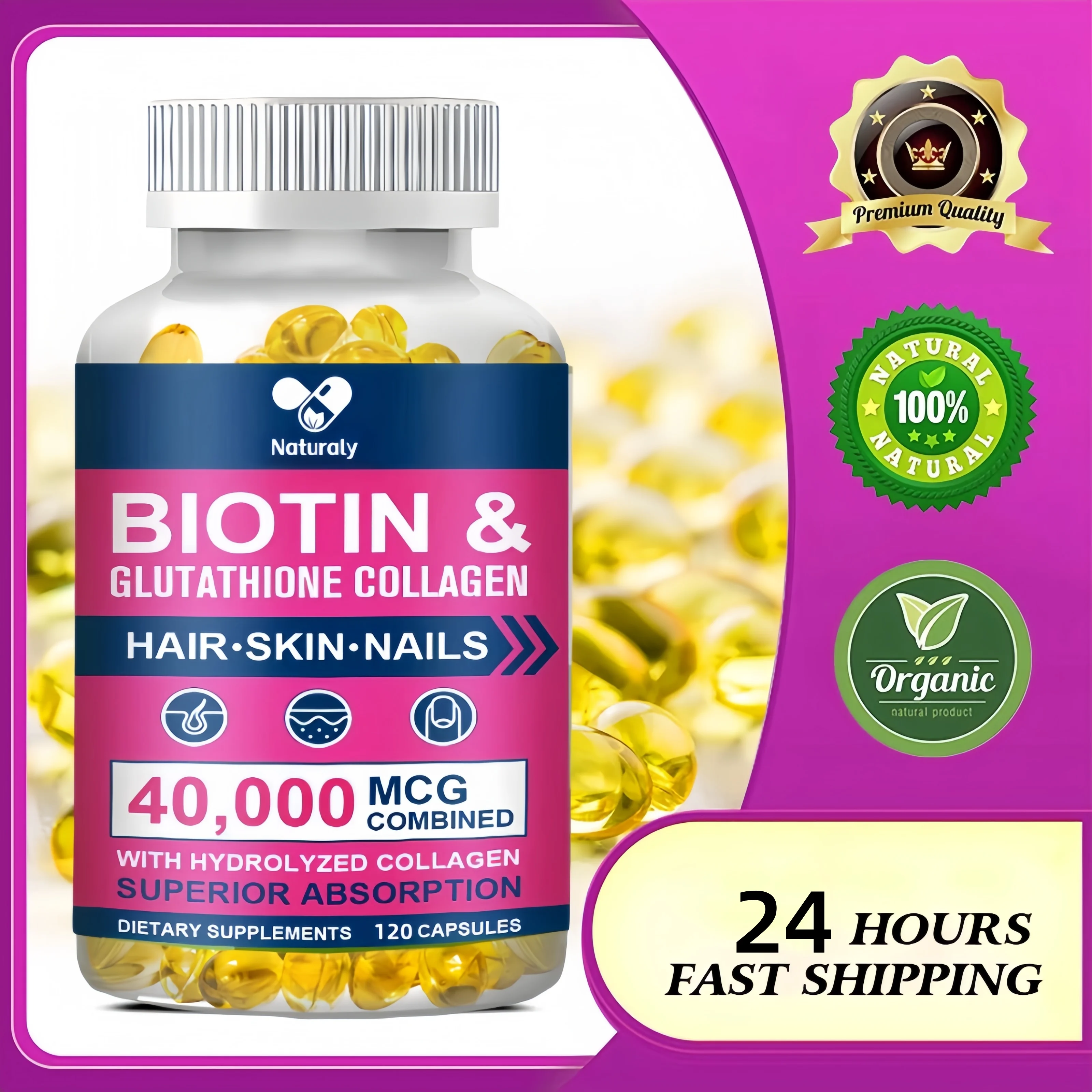 

Biotin Capsules | Collagen | Keratin | Hyaluronic Acid - Hair Growth Support Supplement | Skin & Nails Beauty Complex