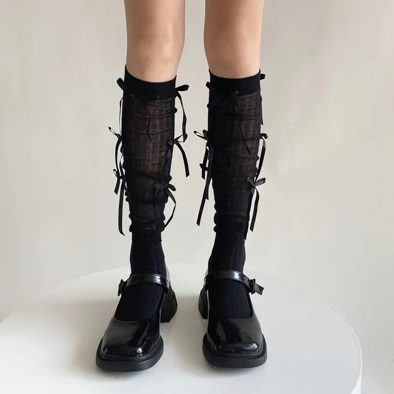 Sweet Lolita Style Stockings Students Fashion Basic Bowknot Knee-high Socks Cotton Fabric Women Sock Spring Summer Mid-calf Sock