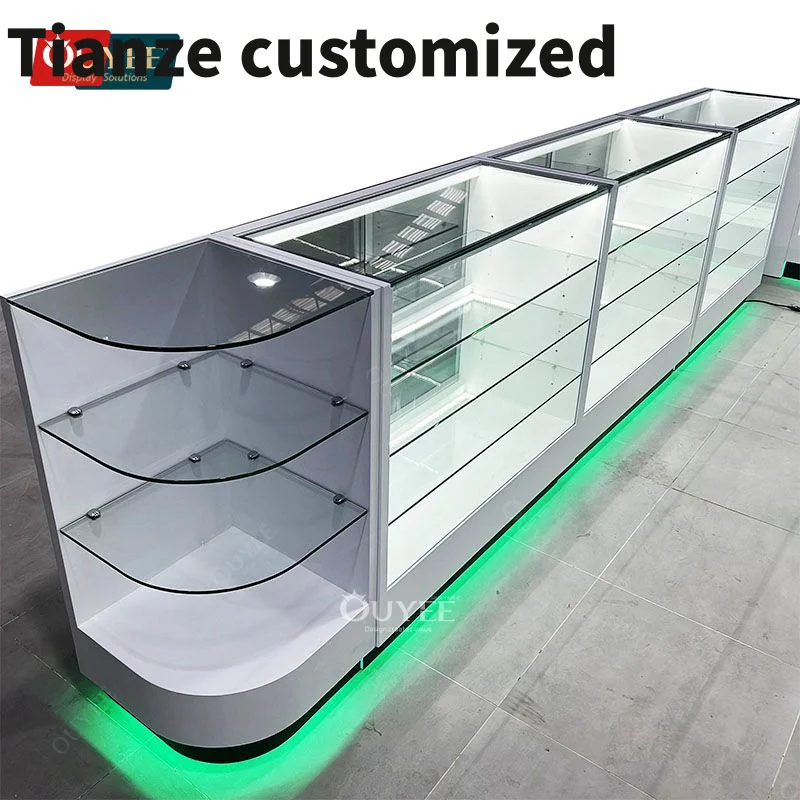 

Customized-Cigar Smoke Shop Furniture Counter Shelves Glass Display Cabinet Modern Showcase Retail Display Counter Tobac