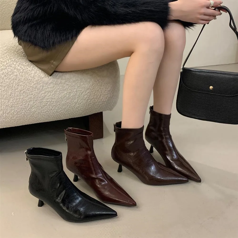 

Bailamos/2020 зимние новые брендовые женские ботильоны на тонком высоком каблуке, модные женские короткие ботинки с острым носком и молнией сзади