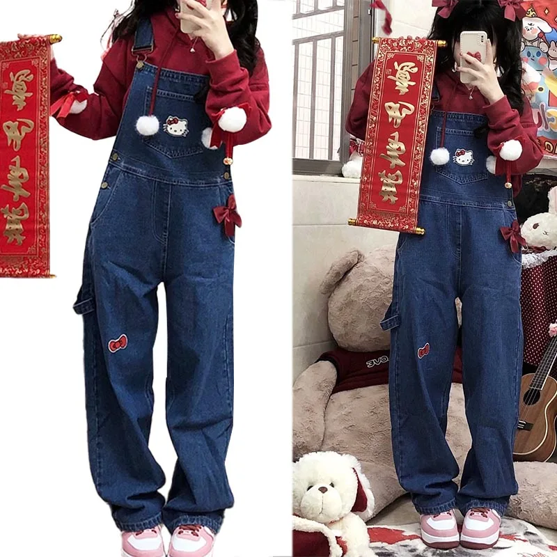 

New Kawaii Hello Kitty Denim Overalls Pants Cartoon Sanrioed Kt Cat Loose Jumpsuits Casual Women Jeans Long Pant Fashion Clothes