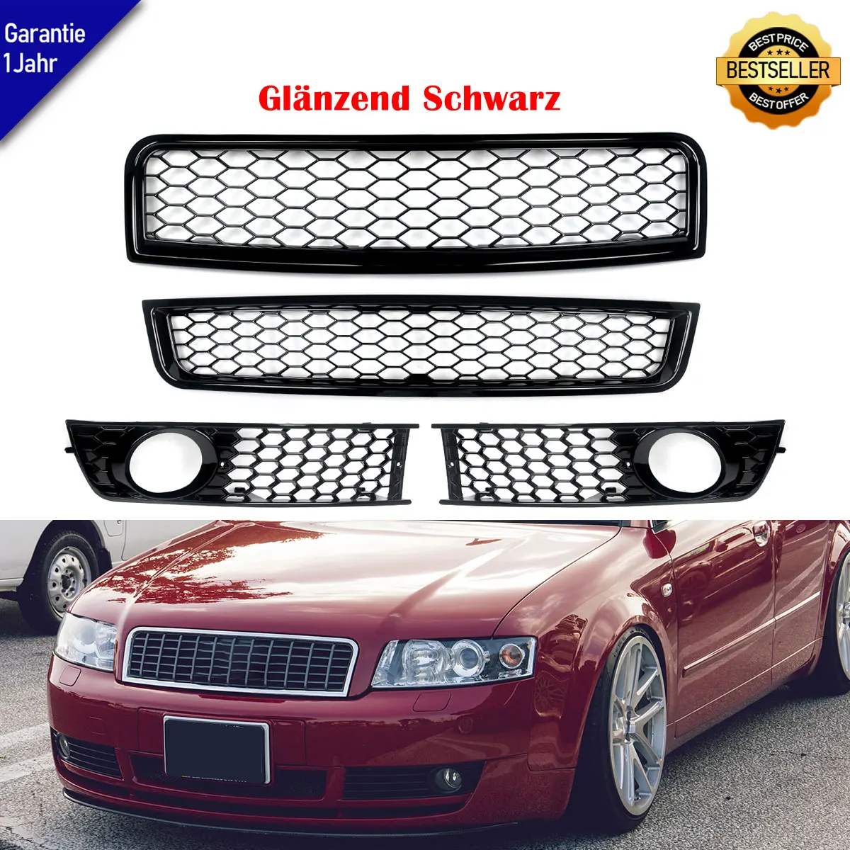 For Audi A4 B6 2002-05 Black RS Style Front Upper Lower Grill+Fog Light Grille A4B6 Honeycomb Mesh Middle Lower Net Accessories