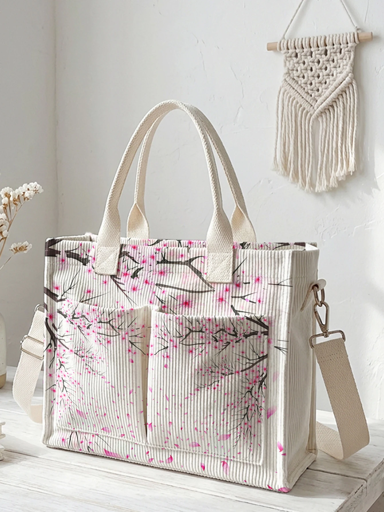 Watercolor Cherry Blossom Print Corduroy Tote Bag Large Capacity Multi Pocket Spring Lover Commuter Shoulder Bag