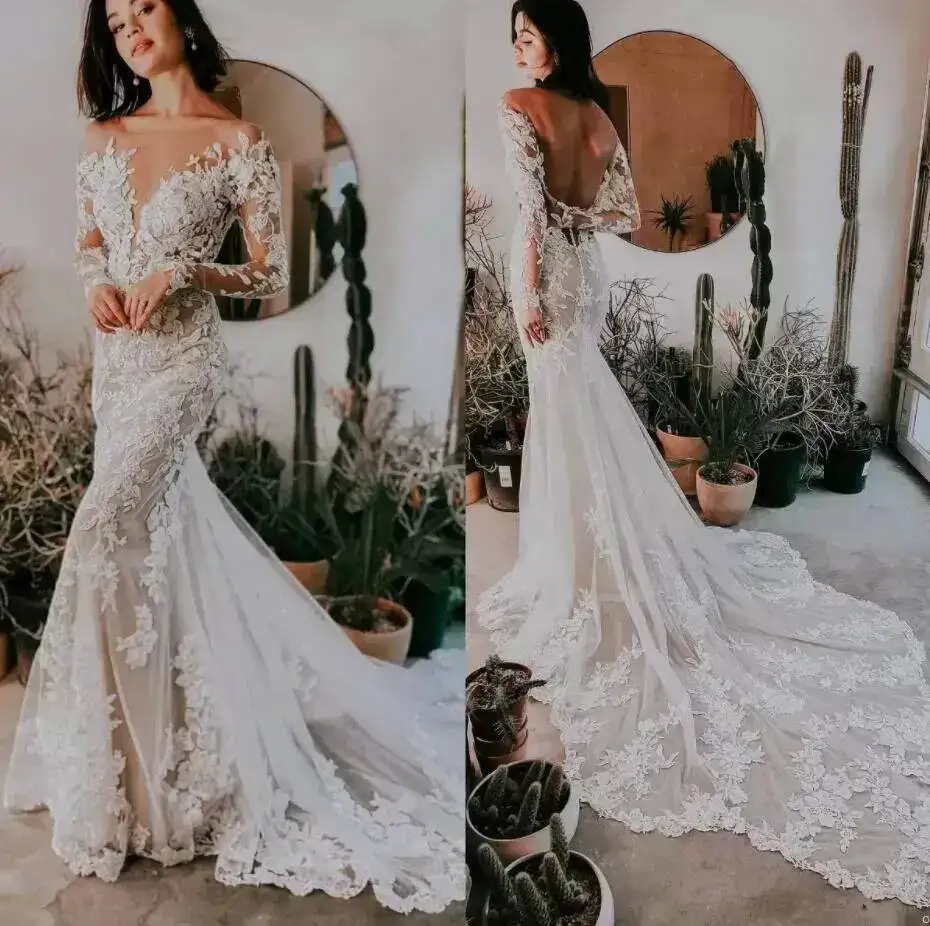 

Long Boho Sleeves Mermaid Wedding Dresses Backless Bridal Gown Lace Applique Sweep Train Custom Made Beach Garden Plus Size