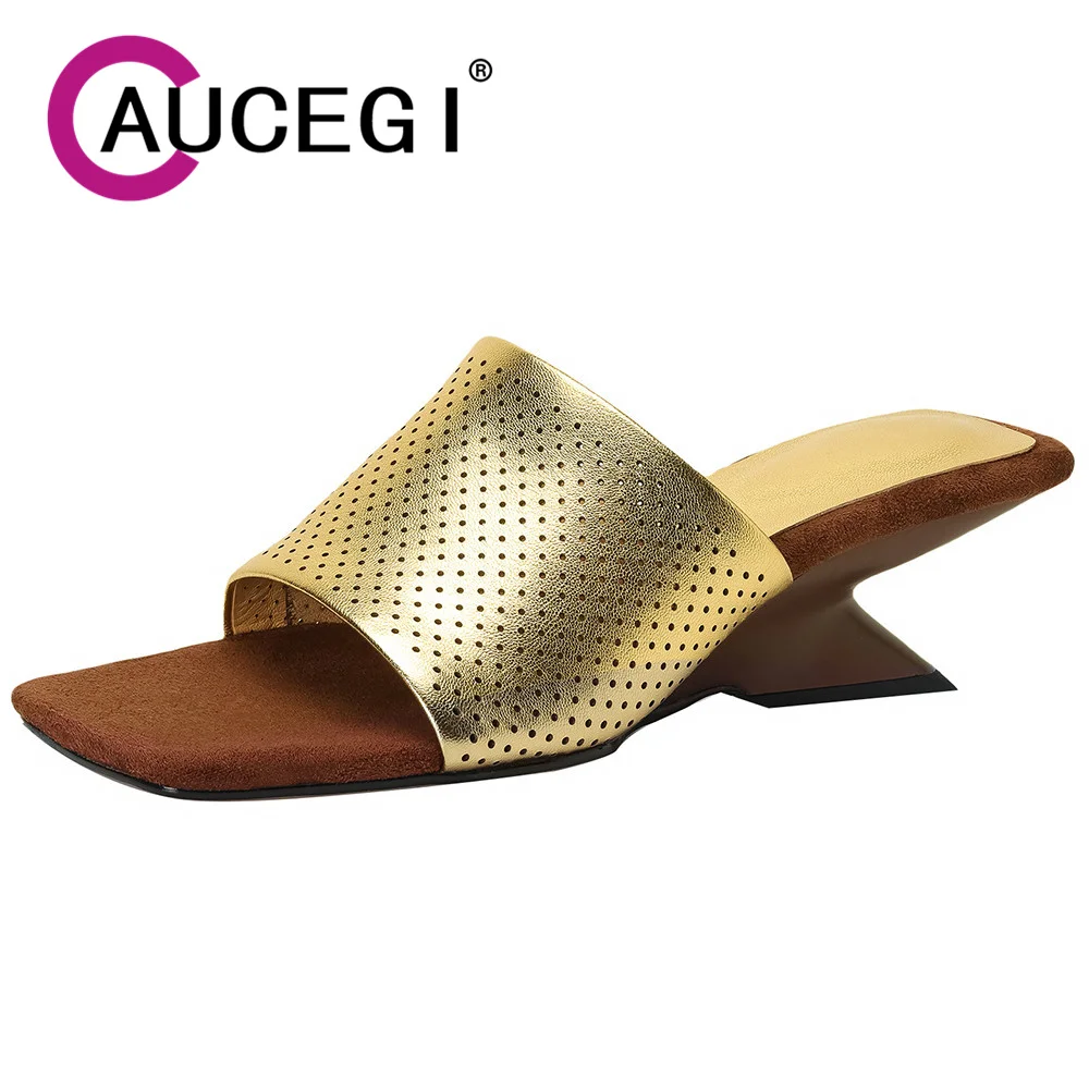 Aucegi Square Open Toe Wedge Sandals Women Elegant Genuine Leather Summer New Special-Shaped Heel Fashion Dress Party Shoes