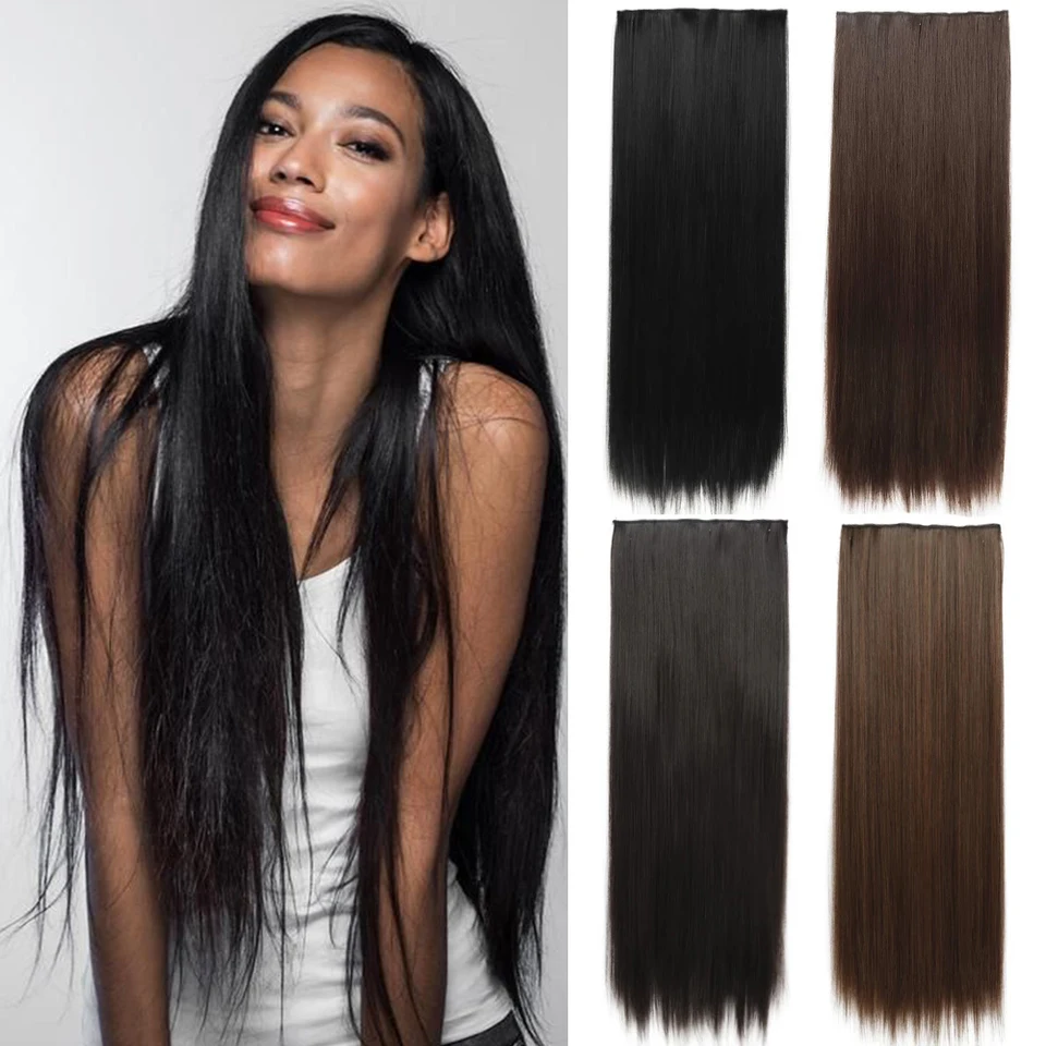MERISIHAIR 32 Pulgadas Extensiones de Cabello Sintéticas Una Pieza 5 Clips Largo Lacio Fibra de Alta Temperatura Negro Marrón Postizo