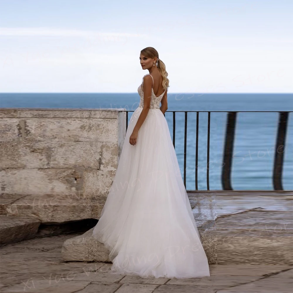 Vestidos De novia De línea A para mujer, vestidos De novia De encaje con apliques elegantes, Sexy, tirantes finos, cuello en V, Vestido De playa