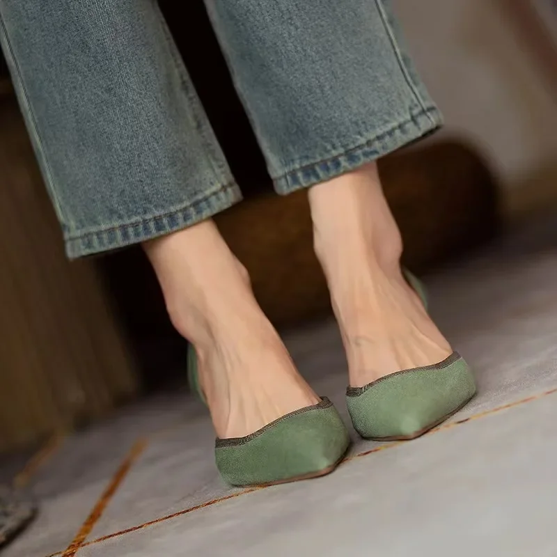 2024 Spring Summer Closed Toe Sandals Women French Slingback Suede Leather Women Shoes Pointed Toe High Heels Green Single Shoes