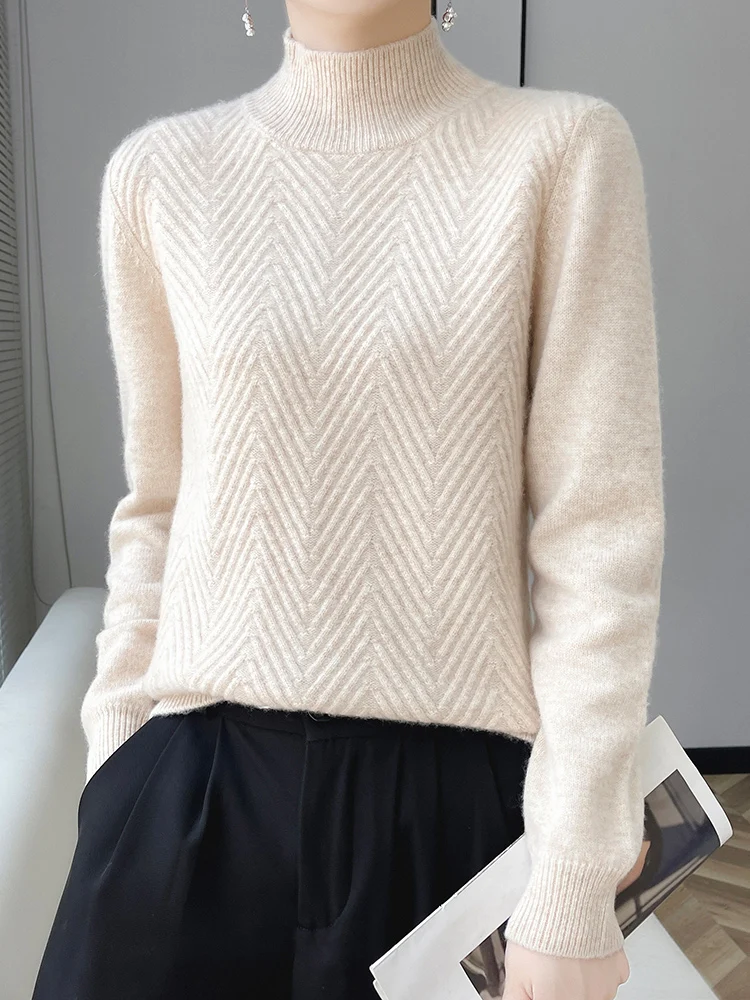 High Quality Women Mock Neck Pullover 100% Merino Wool Sweater Autumn Winter Thick Warm Soft Casual Cashmere Knitwear Korean Top