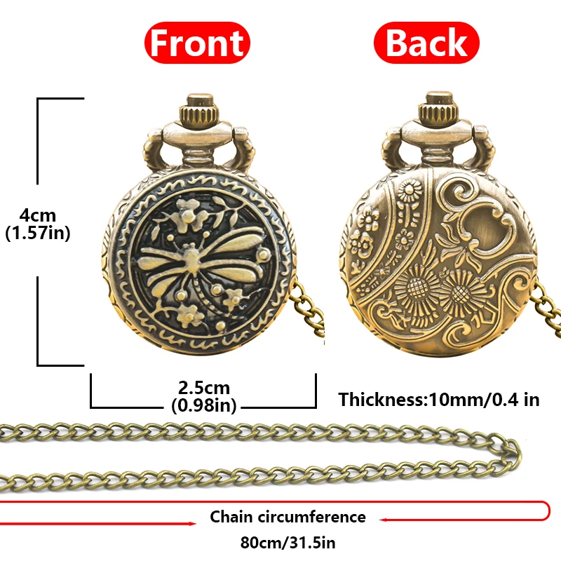 Small, Retro Bronze Steampunk Dragonfly Engraved Small Quartz Pocket Watch Necklace Pendant Clock Chain Men And Women Chain Gift