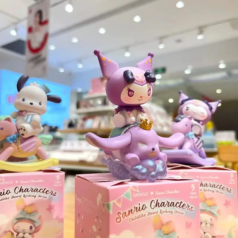 Sanrio caixa cega personagens infância cavalo de balanço estatueta melodia kuromi pochacco cinnamoroll figura de ação presente brinquedos presentes