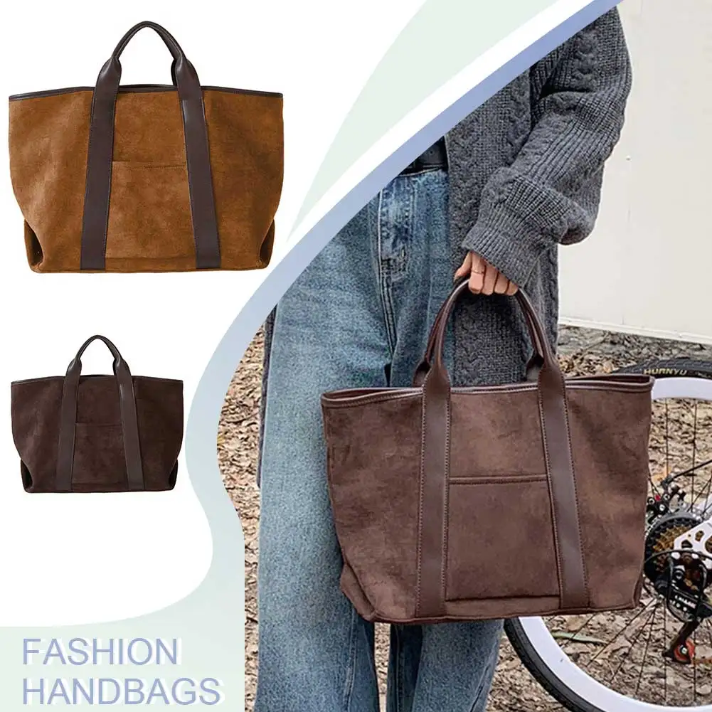 

Tote Bag for Women Solid Color Retro Handbag Suede Large Capacity Top Handle Bag Trendy Shopper Handbag Travel Purse