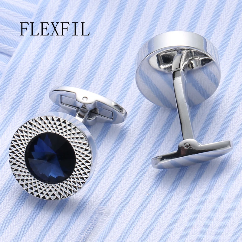 FLEXFIL Jewelry French shirt Fashion cufflinks for mens blue crystal Cuff link Wholesale Button High Quality Wedding Male HOT