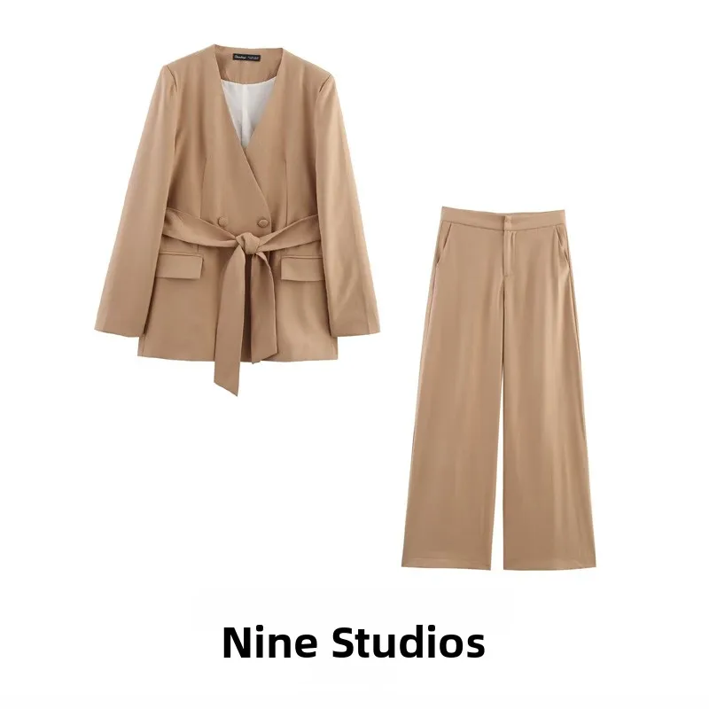 

Casual oulder Pad Suit Jaet with Belt And Wide Leg Pants Two Piece Set Long Sve V Ne Button Closure Faion Ensemble