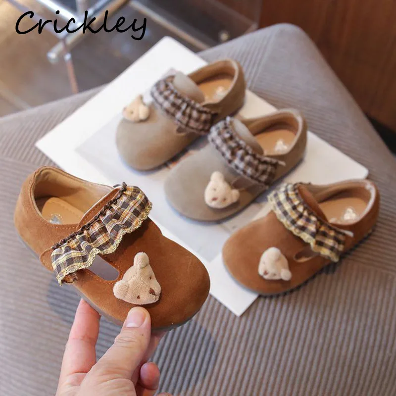 

Cute Bear Doll Girls Flats Shoes Plaid Ruffles Hook Loop Soft Children Basic Shoes Fashion Anti Slip Kids Princess Shoes