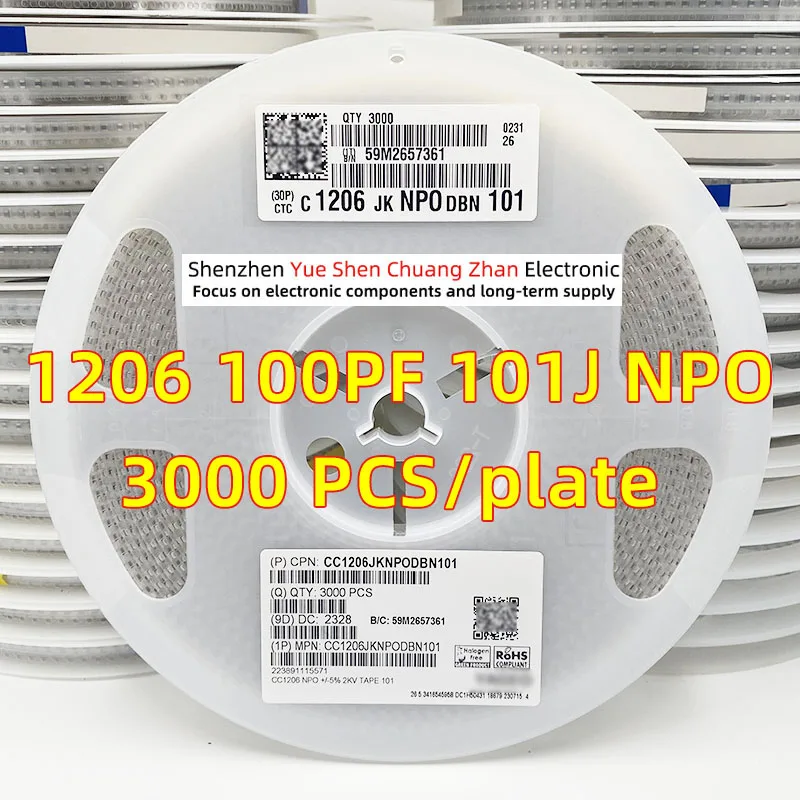 

Patch Capacitor 1206 100PF 100P 101J 1000V 2000V 1KV 2KV Error 5% Material NPO/COG Genuine capacitor（Whole Disk 3000 PCS）