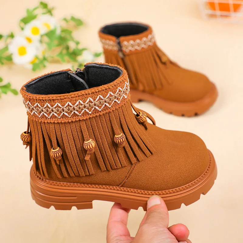 

Детская повседневная обувь, ботильоны, зимняя обувь из искусственной кожи в стиле ретро для девочек, нескользящая теплая обувь на толстой подошве, черные туфли цвета хаки, размер 23-36