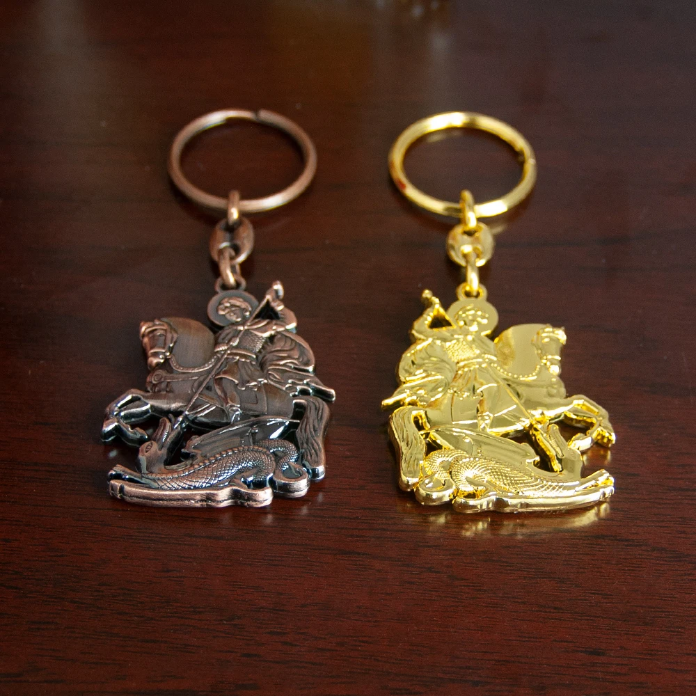 พวงกุญแจคริสเตียน HTISOK นักบุญจอร์จกำลังกำจัดมังกร จี้โลหะ พวงกุญแจ แหวนพวงกุญแจ เครื่องประดับ ของขวัญสำหรับผู้ศรัทธา