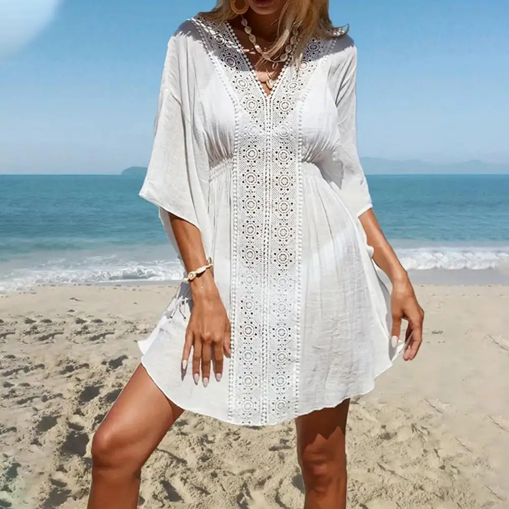 Chic Beach Dress Cover Up Dress V-Neck Batwing Sleeve Hollow Pattern Neckline Bikini Swimsuit Cover Up Boho Beachwear Cover Up