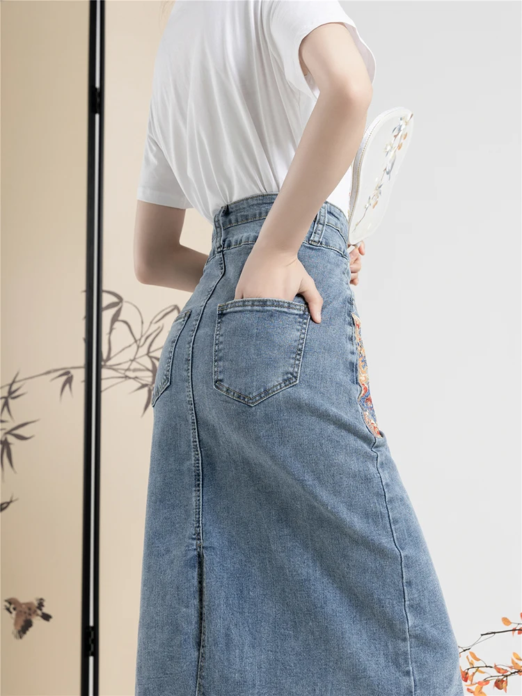 New 2024 Spring Summer Denim Skirt For Women High Waist Embroidery Back Slit Blue Jean Skirts Chinese Style A Line Skirt Women