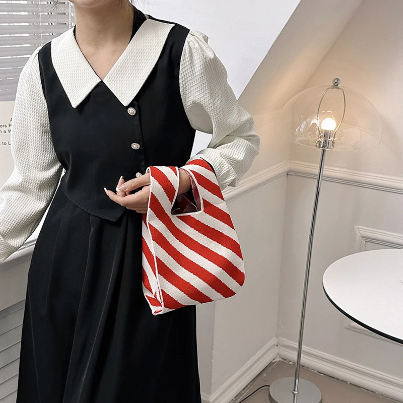 Handmade Knit Women Handbag, Hot Student Reusable Shopping Bag,Mini Knot Wrist-bag ,Casual Color Wide Stripe Tote Shoulder Bag