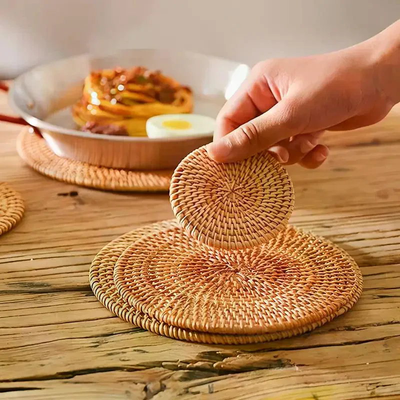 Rattan Hand-woven Coaster Round Coffee Mugs Pad Home Kitchen Table Anti Scalding Insulation Mats For Hot Pot And Baking Pan