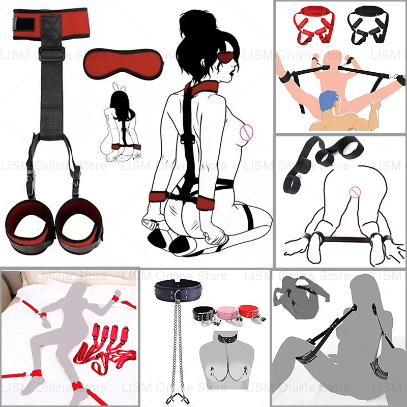 Jogos adultos BDSM Bondage Set, Brinquedos Sexuais Fetiche para Cuples, Colares Escravos Sexy, Arnês de Algemas, Kits de Castidade Eróticos, Sex Shop