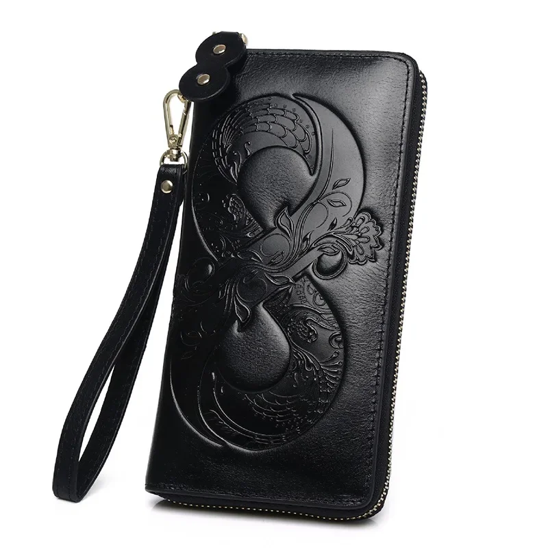 Vintage Genuine Leather Woman Wallet Floral Real Cow Leather Purse Ladies First Layer Cowhide Clutch Bag