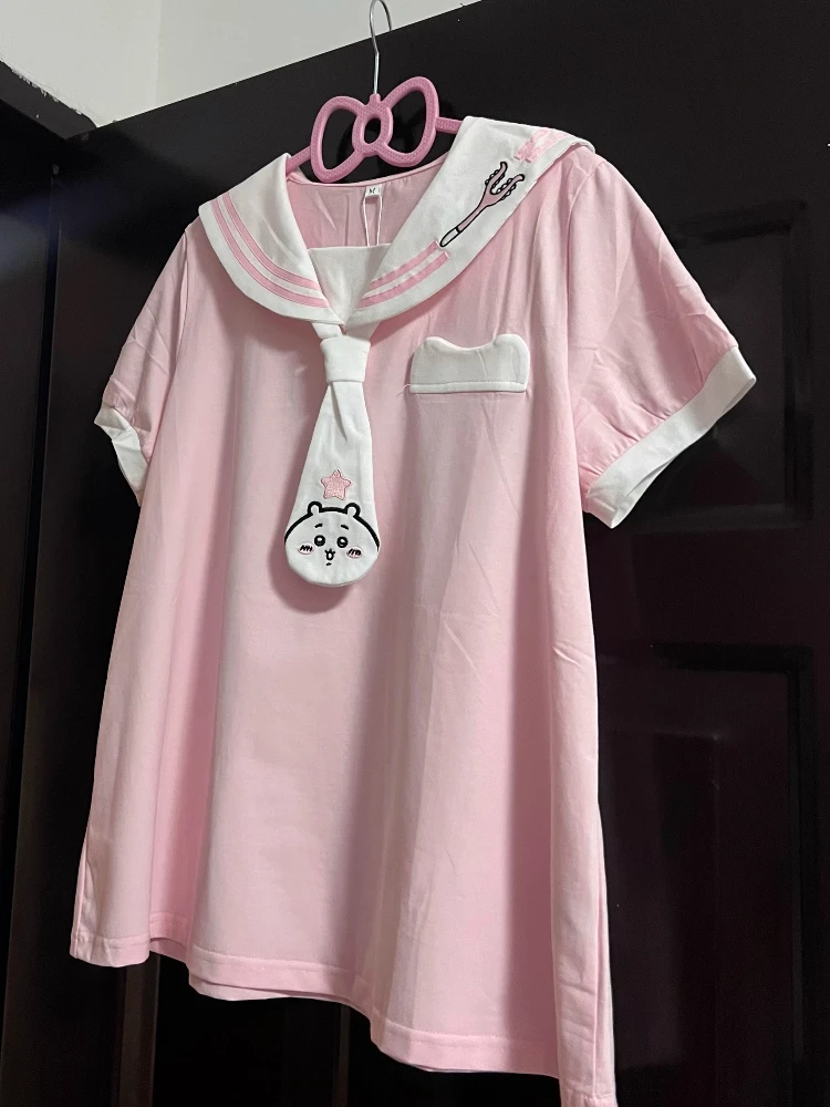 

Japanese Sweet Sailor Collar Uniform T-Shirt Women Summer Loose Fit Bear Tie Kawaii Pink Short Sleeve Casual Harajuku Style Tops