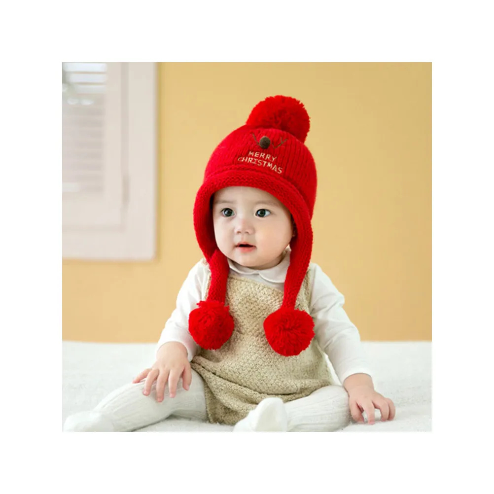 

Baby Christmas Hat Red Warm Wool Knitted Deer Pattern Thick Crochet Earflap Beanie Winter Warm Hat for Kids Toddlers Boys Girls