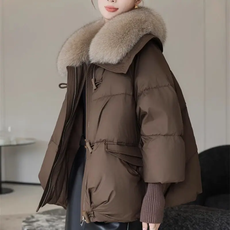 Winter Solid Color Turn-down Collar Long Sleeve Fashion Parkas Women High Street Loose Zipper Patchwork Button Thick Warm Coat