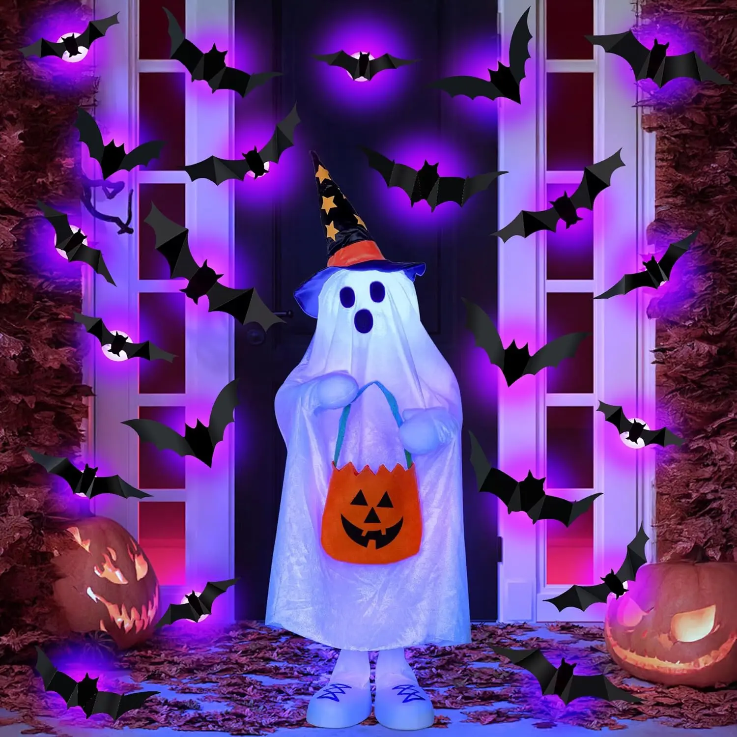 Decoración de arañas y murciélagos LED para Halloween, pegatinas de pared 3D que brillan en la oscuridad, luces moradas/verdes para intrincados de fiesta de Halloween en interiores y exteriores