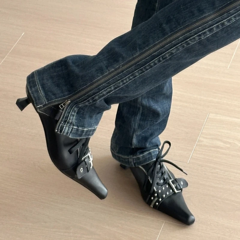 2026 Spring Belt Buckle Rivet Design Kitten Heel Women Pumps Pointed Toe Lace Up Casual Shoes Punk Style Comfort Designer Heels view 5