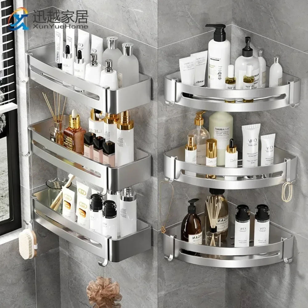 

Bathroom Shelf Shower Corner Caddy Shampoo Holder Silver Aluminum Cosmetic Square Tray Hook Self-adhesive Kitchen Organizer Rack