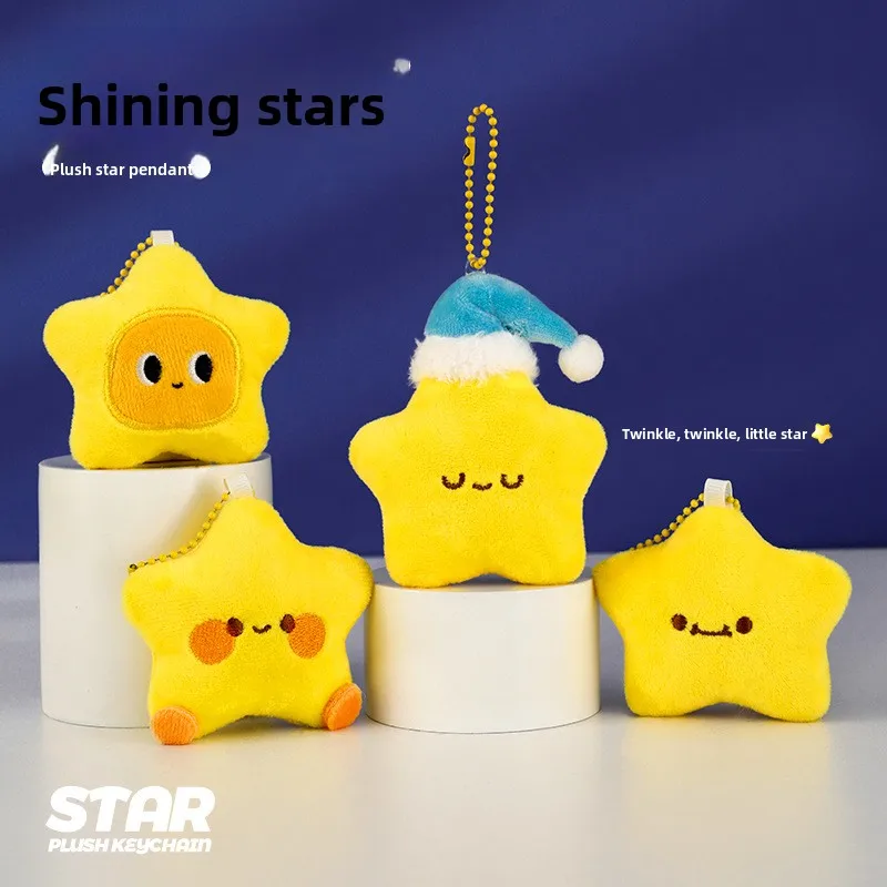 Cute Yellow Star Plush Keychain Pendant, Soft Fluffy Doll with Lovely Embroidered Facial Expressions, Adorable School Bag Char