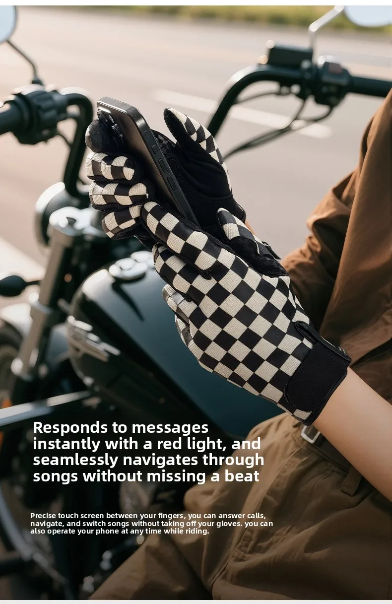 Retro Schachbrettmuster Motorradhandschuhe Touchscreen-fähig SBR Stoßdämpfer Atmungsaktiv Rutschfest Biker-Handschuhe für Männer und Frauen – Detail 9