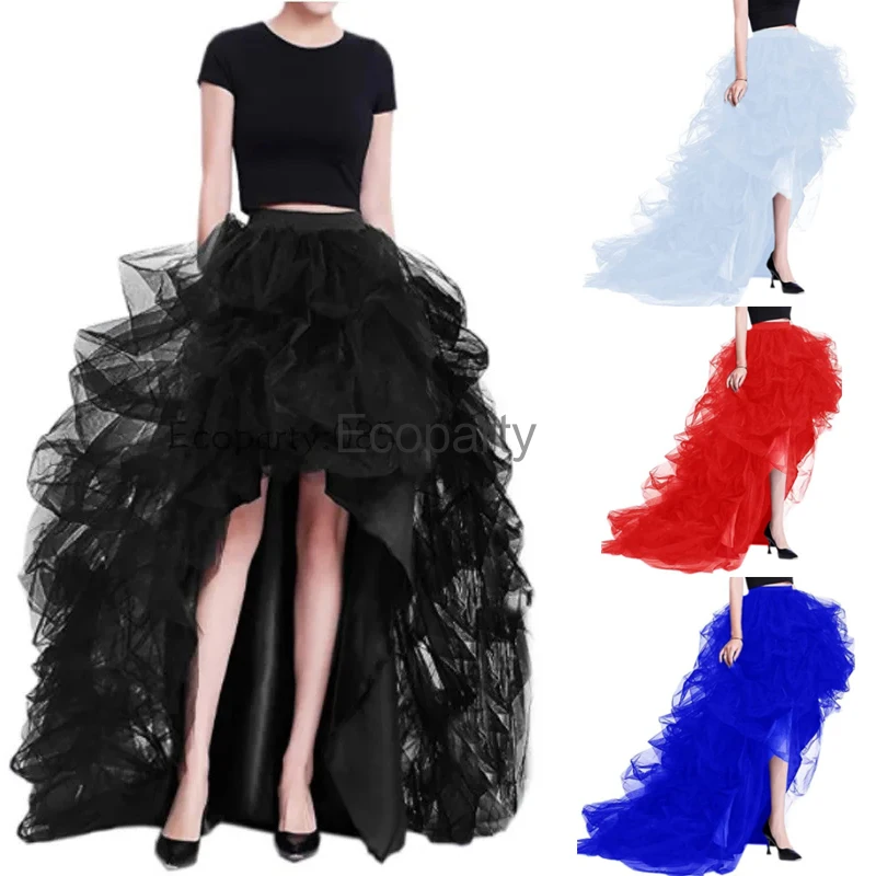 

New Women Black High-Waist Elastic Waistband Skirt High-Low Hem Skirts Women Tulle Puffy Wedding Gown Underskirt Party Costume