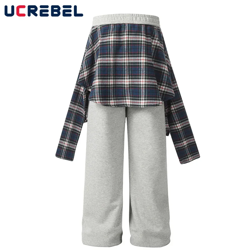 Plaid Patchwork Sweatpants Mens Hip Hop High Street Elastic Waist Loose Wide Leg Sports Pants Men Trousers