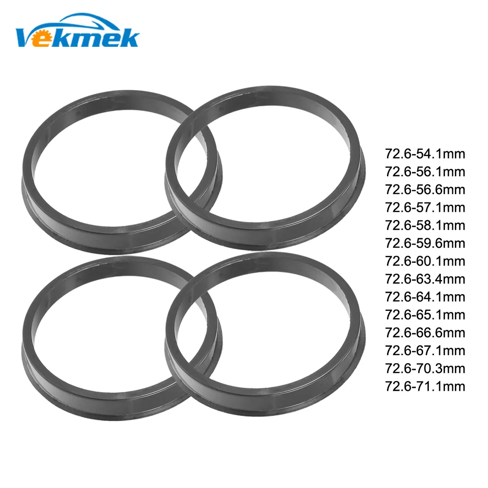VEKMEK 72.6-54.1/56.1/56.6/57.1/58.1/59.6/60.1/63.4/64.1/65.1/66.6/67.1/70.3/71.1 مللي متر 4 قطعة محور عجلات بلاستيكي أسود حلقات مركزية