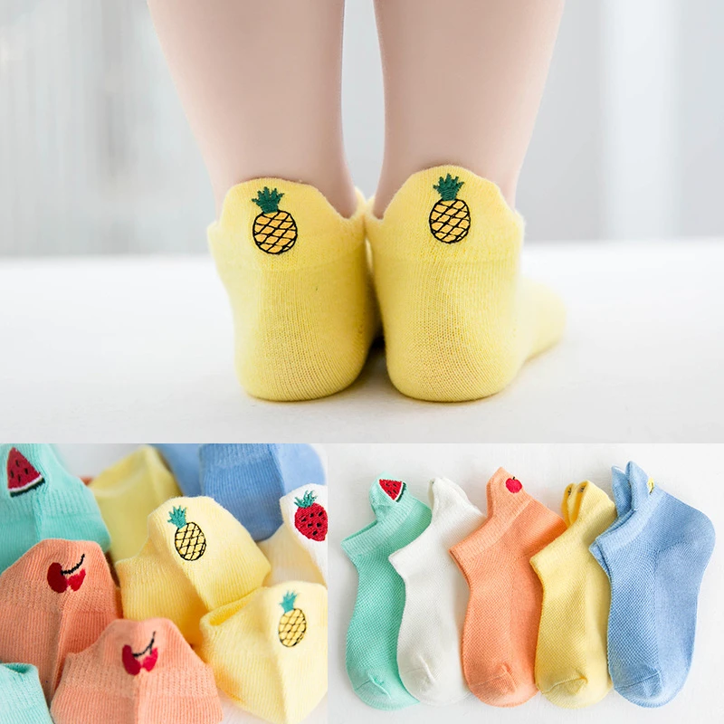 

5 Pairs Girls Socks Fruit Pattern Embroidery Mesh Breathable Comfortable Children Socks