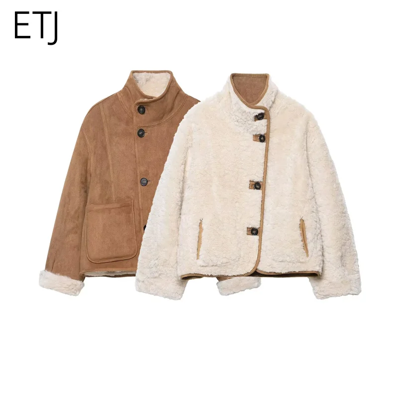 ETJ 2025 feminino outono e inverno novo produto suave adorável casaco grosso quente imitação de lã pele dupla face jaqueta curta