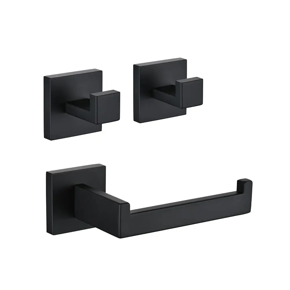 

3PCS Bathroom Hardware Set, Matte Black Toilet Paper Holder, 2 Square Towel Robe Hooks, SUS 304 Stainless Steel, Wall Mounted